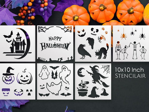 Stencils Happy Halloween 10?10” 8-Pack Set: DIY Halloween Crafts, Reusable Large Stencils for Pumpkins, Walls, and Wood Painting - Halloween Skele...