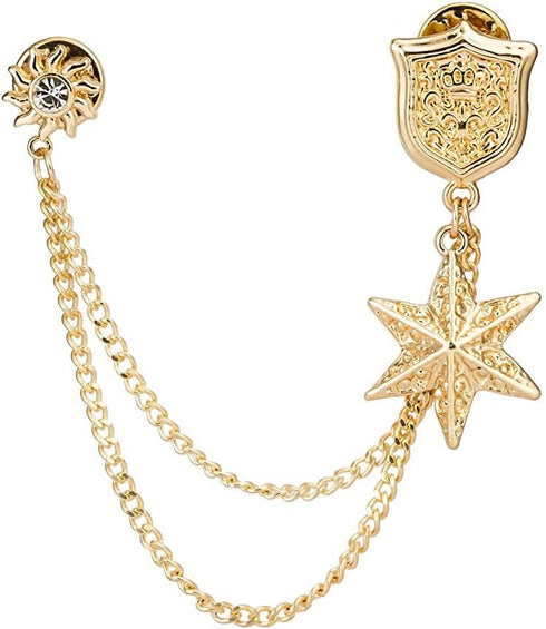 Knighthood Engraved Golden Shield with Hanging Star Lapel Pin Badge Coat Suit Wedding Gift Party Shirt Collar Accessories Brooch for Men...