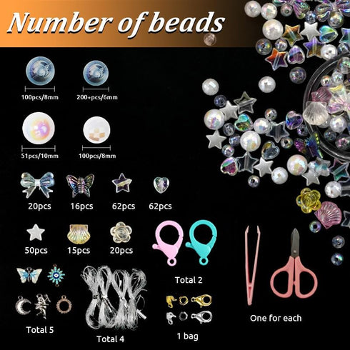 funluck 400+pcs Bead Bracelet Kit,8/10MM Colorful Beads Kit,Bubble Beads for Jewelry Making,Star/Butterfly/Shell/Flower Beads Kit with Charms and ...