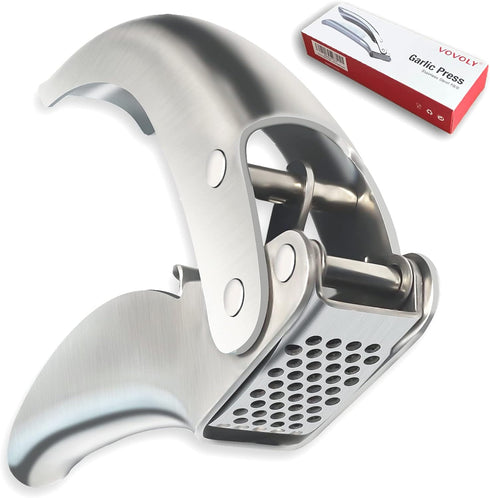 VOVOLY Premium Garlic Press Stainless Steel, No need to Peel Garlic Presser, Heavy Duty Professional Grade Double Lever-Assisted Garlic Mincer wit...