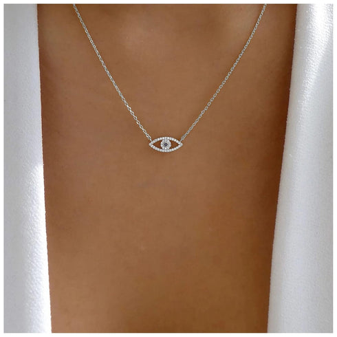 Bohemia Cz Evil Eye Necklace Crystal Eye Pendant Necklace Pave Evil Eye Choker Necklace Silver Lucky Eye Halo Necklace Jewelry for Women and Girls...