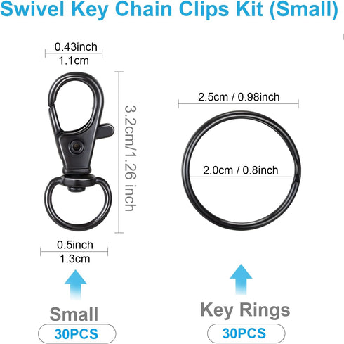 Black Keychain Key Chain Rings Clips Bulk (60pcs, Small), Swivel Lanyard Snap Hooks (32mm) X 30pcs + Key Rings X 30pcs, for Keychain Crafts Resin ...