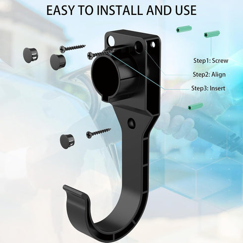 EV Charger Holder for SAE J1772 Charger, 1 Pice Wall-Mount Electric Vehicle Charger Holster with Hook for J1772 Connector, 3 pcs Screws, 3 pcs Wal...