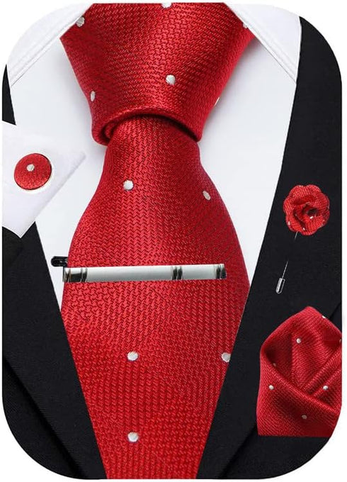 Red Plaid Checkered Ties For Men – Tie Set With Pocket Square Cufflinks Tie Clip Bar & Flower Brooch Pin For Mens (Pack of 5) (AXTS54)...