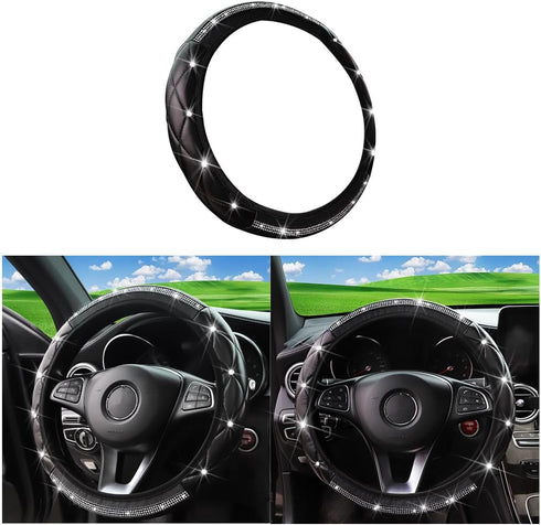 Bling Leather Car Steering Wheel Cover, Diamond Crystal Rhinestone Vehicle Steer Wheel Protector, Sparkling Auto Interior Accessories, Universal 1...