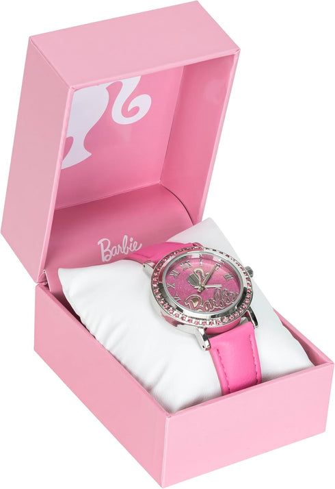 Accutime Barbie Women's Pink Glitter Analog Watch with Faux Leather Strap - Elegant Timepiece Inspired by Barbie The Movie, Silhouette Dial - BAR5...
