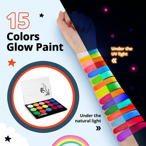 Skymore Glow in The Dark UV Body Paint 15pcs Face Paints for Kids & UV Neon Glow Face Painting Kits with 2 Brushes&Stencils for Halloween and Part...