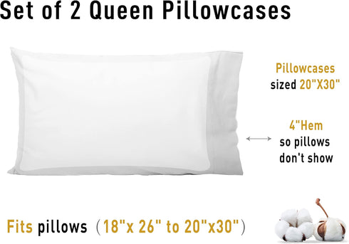 Sunflower Queen Pillowcases Set of 2, 100% Cotton Queen Pillow Cases 2, 20×30 inches Bright White, Soft and Breathable...