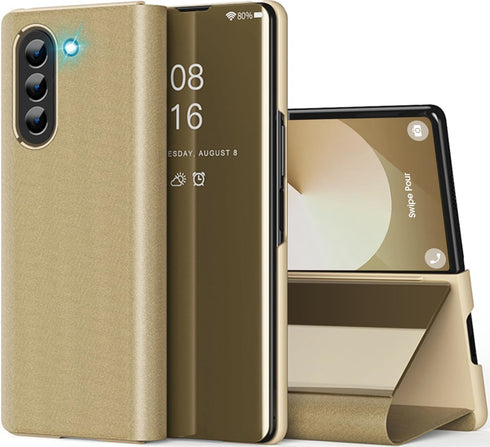 Z Fold 6 Case for Samsung Galaxy Z Fold 6 Phone Case, Clear View Mirror Flip Case with Kickstand, Cover for Samsung Z Fold 6 5G Case PU Leather He...