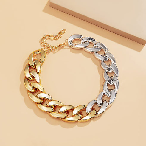 Punk Cuban Link Chain Choker Necklace Lightweight Chunky Necklace Oval Chain Link Necklace Hip Hop Jewelry for Women (Gold+Silver)...