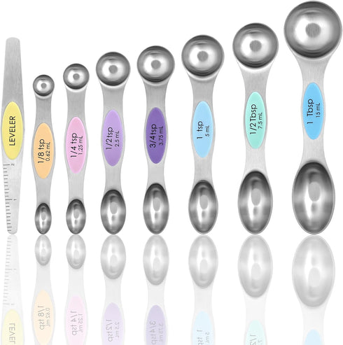 Magnetic Measuring Spoons Set of 8 with Leveler, Stainless Steel Metal Measuring Spoon, Dual Sided for Measuring Dry and Liquid Ingredients, Teasp...