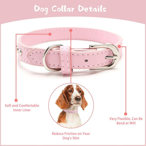BINGPET Dog Leather Collar, Adjustable Dog Real Split Leather Studded Pet Collar, Durable Doggy Collars for Small Medium Large Dogs, Pink S...