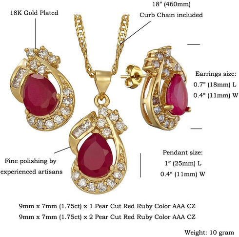 RIZILIA Pear Cut Red Ruby Yellow Gold Plated Jewelry Set, Pendant with 18" Chain Stud Earrings...