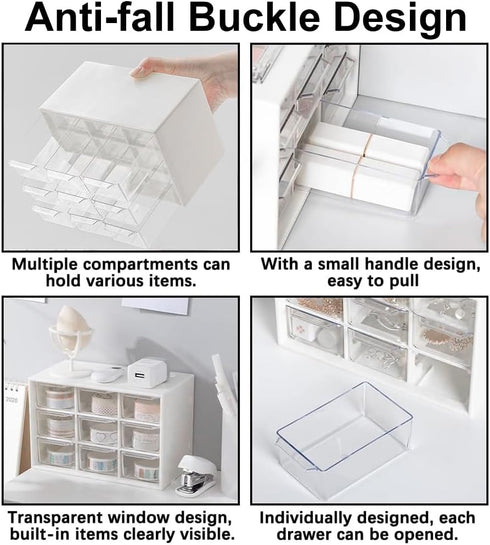 Mini Desk Organizer Drawer, 9 Removable Plastic Art Craft Organizers with Stickers, Cute Desktop Storage Organizer for DIY Crafts, Art Supply, Off...