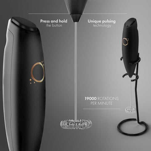 Milk Frother Matte Black - Coffee Frother Handheld with Electric Whisk - 19000 rpm - Book Recipes and Stainless Steel Stand Included - Hand Mixer ...