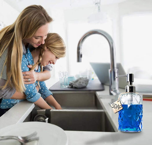 JASAI Diamond Design 12 Oz Glass Soap Dispenser, Kitchen soap Dispenser with 304 Rust Proof Stainless Steel Pump, Bathroom Soap Dispenser for Hand...