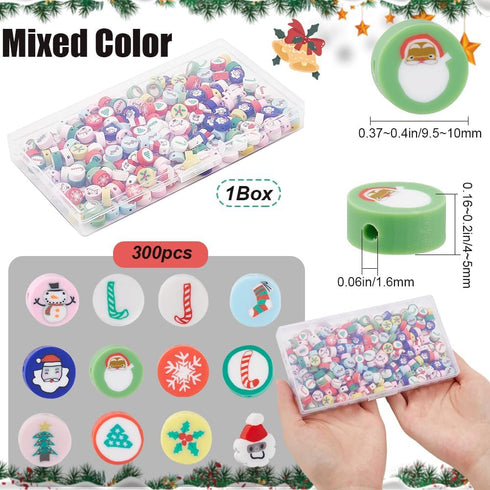 1 Box 300Pcs Christmas Polymer Clay Beads Holiday Clay Beads Winter Theme Santa Socks Tree Snowman Green Tone Spacer Bead for Jewelry Making Suppl...