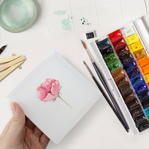 WYBG 4 Pieces Mini Canvases for Painting with Easel Set, 3x3 Inch Stretched White Blank Canvas Panels Wood Easels Small Canvas with Easel Small Ca...