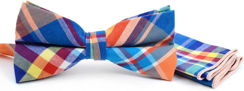 Generic Men's Hipster Colorful Cotton Plaid Pre-Tied Bow Tie & Pocket Square Hankie Derby Day Set, Blue...