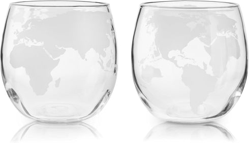 Viski Globe Glass Whiskey Tumblers, Etched Glass Whiskey Enthusiast Gift and Glassware Accessory, 10 oz, Set of 2...