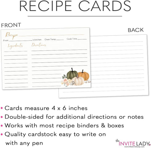 Recipe Cards Autumn Fall Pumpkins Sprinkle Green Orange Back Side Printed with Lines Wedding Housewarming 4x6 Cards (50 Count)...