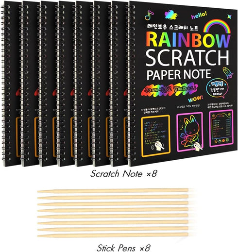 8 Pack Scratch Arts Drawing Notebook Paper for Kids Art Supplies, Large Rainbow Scratch and Sketch Books Set for Kids Party Favors...