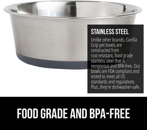 Gorilla Grip Stainless Steel Metal Dog Bowl Set of 2, Rubber Base, Heavy Duty Feeding Dishes, Food Grade BPA Free, Less Sliding, Quiet Pet Bowls f...