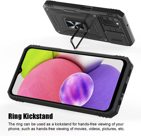 for Samsung Galaxy A03S Case, Shockproof Phone Case & Sliding Camera Cover & Ring Holder Kickstand with Screen Protector for Samsung Galaxy A03S (...