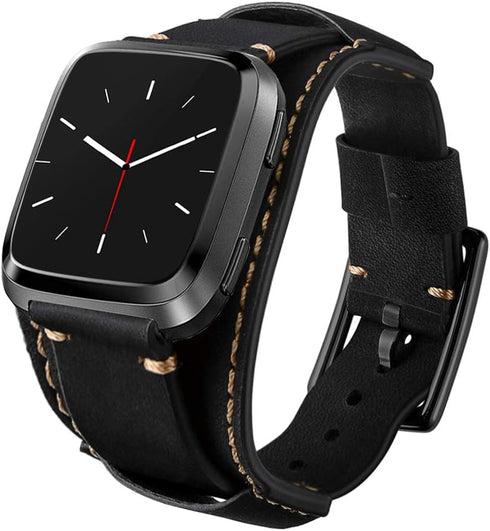 Compatible Fitbit Versa Bands, Genuine Leather Cuff Bracelet Replacement Strap with Stainless Steel Buckle for Men Women (Black)...