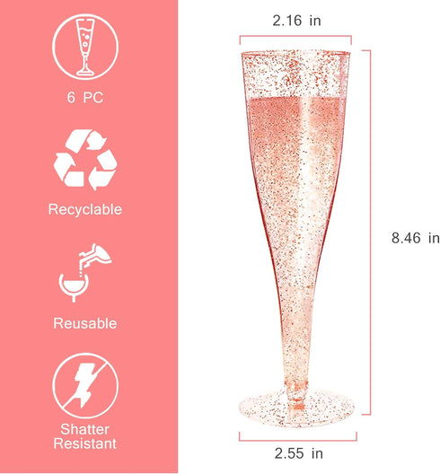 Disposable Champagne Flutes, 6PC Rose Gold Glitter Plastic Champagne Glasses for Parties, 6.5 OZ...