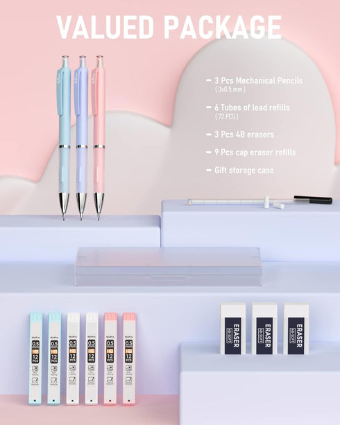 Nicpro 3PCS Pastel Mechanical Pencil Set, 0.5 Mechanical Pencils with 6 Tube HB Lead 0.5mm, 3 Eraser and 9 Eraser Refill & Case, Aesthetic School ...