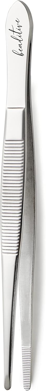 Beaditive 5.5-inch Sewing Machine Tweezers Set (3-pc) Serrated Straight Tips | Professional Grade, High Precision | Stainless Steel...