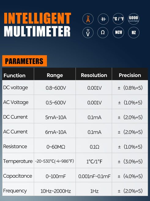 AS-118D Smart Digital Multimeter Auto-Ranging Voltmeter Electrical Tester Measures Voltage Current Capacitance Resistance Continuity Duty-Cycle Te...