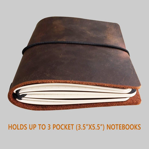 Pocket Travelers Notebook, Refillable Leather Travel Journal for Men & Women, Notebook Cover for Field Notes, Moleskine Small 3.5 x 5.5 Inches, Br...