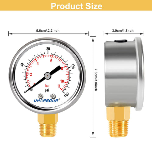 Lead-Free Pressure Gauge 0-160psi 1/4" NPT Lower Mount 2" Dial Stainless Steel Case, Pressure Gauge for Water Air RV...