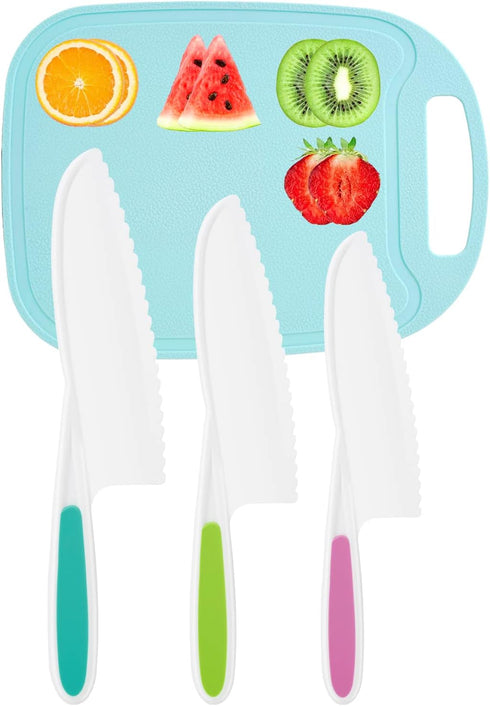 Kids Knife 4-Piece with Cutting Board - Toddler Knife Set Children's Cooking Nylon Knives - Serrated Edges and Firm Grip Suitable for Cutting Sala...