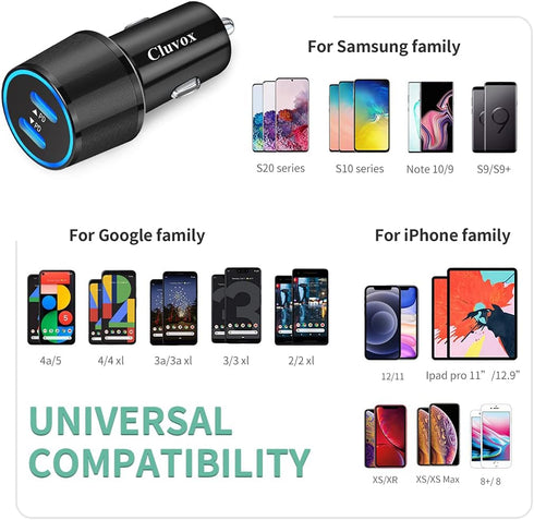 Cluvox 20W Dual USB C Fast Car Charger Compatible for iPhone 15 Pro Max/Plus/14/13/12/11/X/XS/XR/8/iPad Pro, Galaxy S23/S22 Cigarette USB Charger ...