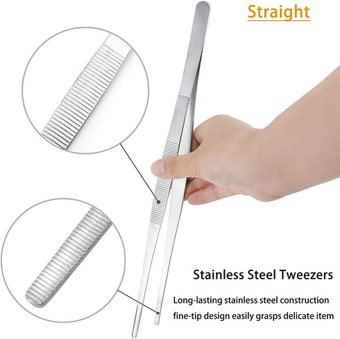 Kitchen Tweezers Long Tweezers Set, LEEFONE 2 PCS 12 Inch Stainless Steel Food Tweezers with Precision Serrated Tips for Cooking & Baking (Straigh...