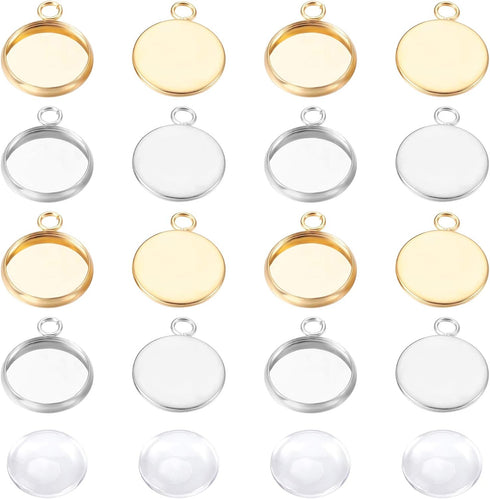 UNICRAFTALE 40 Sets 2 Colors 12mm Flat Round Tray Pendants Making Kits 304 Stainless Steel Pendant Cabochon Settings and Clear Glass Cabochon for ...