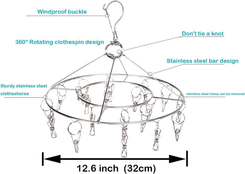 CenYouful Stainless Steel Round Hanging Drying Rack with 20 Clips for Drying Socks, Baby Clothes, Bras, Towel, Underwear, Hat, Scarf, Pants, Glove...