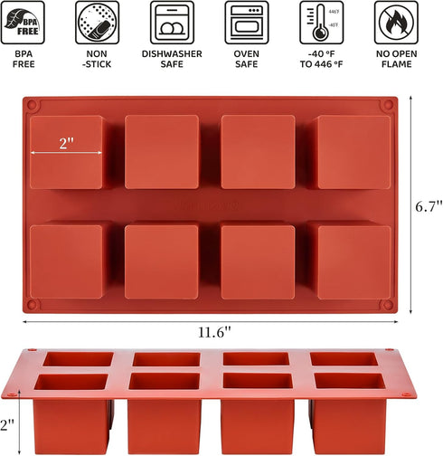 Square Silicone Mold, 8 Cavity Cube Cake Mold Non-Stick Baking Mold for Mousse Cake. French Dessert, Chocolate, Brownie, Ice cream, Truffle, Jelly...