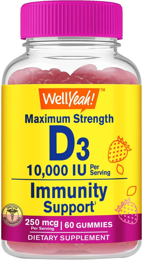 Vitamin D3 10,000 IU Gummies (250 mcg) - Immune supprt, Bone and muscle supprt - Vegan, Nut Free Vitamin D Gummies - Natural sourced flavors - 60 ...