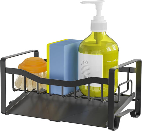 Kitchen Sink Caddy Organizer Sponge Holder for Kitchen Sink with Stainless Steel Auto Drain Tray, Self Drain Dish Soap Sponge Caddy Rack for Kitch...