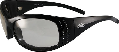 Global Vision Marilyn Motorcycle Sunglasses Bling Rhinestone Black Frames Clear to Smoke Lens...