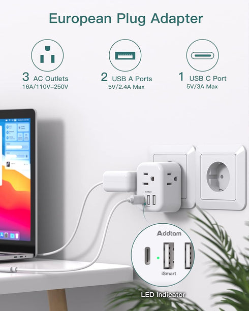2 Pack European International Power Plug Adapter with 3 Outlets 3 USB Charging Ports(1 USB C), Travel Essentials to Italy,Greece,Israel,France, Sp...