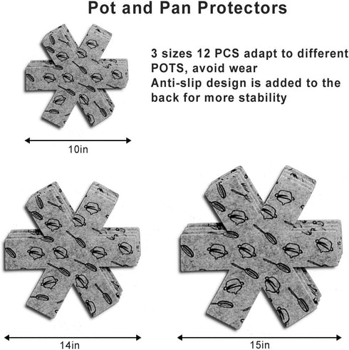 Pot and Pan Protectors Cookware for Stacking 12 Pcs (10" 14" 15"), Cookware Protector Set, Pots and Pans Dividers, Avoid Scratching Marring Protec...