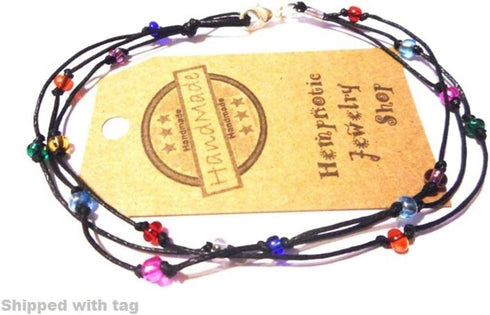 Black Anklet Hemp Three String Multicolor Glass Beaded Anklet - Handmade...