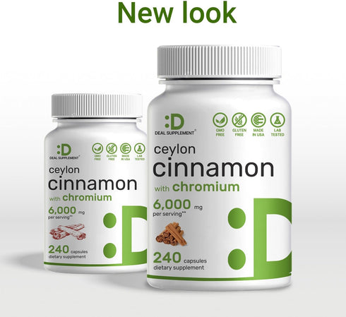 Ceylon Cinnamon 6000mg with Chromium 1000mcg, 240 Capsules | Active Inner Bark Extract, True Sri Lanka Source | Natural Cinnamon Supplements...