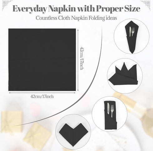 PLOYMONO Black Heavy Duty Polyester Napkins - 17 x 17 Inch Solid Washable Cloth Dinner Napkins - Set of 8 Napkins with Hemmed Edges - Great for We...