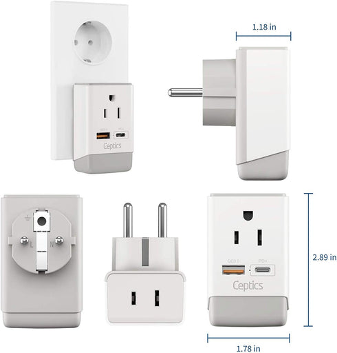 Ceptics European Travel Plug Adapter, Schuko QC 3.0 & PD Safe Dual USB & USB-C - 2 USA Socket - Compact & Powerful - Use in Greece Italy Switzerla...